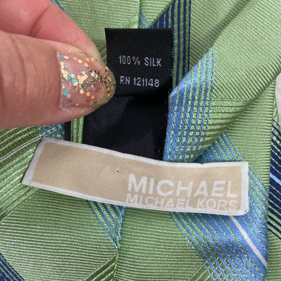 MICHAEL Michael Kors Lime Green and Blue Stripe Pattern 100% Silk Necktie Tie - Picture 4 of 4